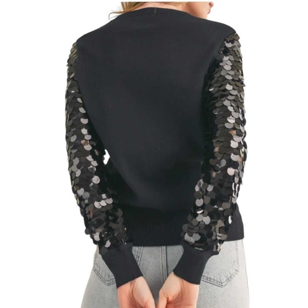 Sioni Milano Black Sequin Sleeve Crew Neck Sweater Women’s XS Party Glamour - Picture 4 of 12
